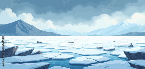 Icy Landscape: Frozen Lake with Mountains and Ice Floes