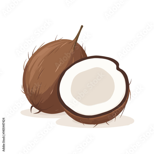 Illustration of a Whole and a Halved Coconut