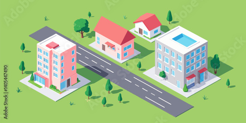 Isometric Cityscape with Buildings and Trees