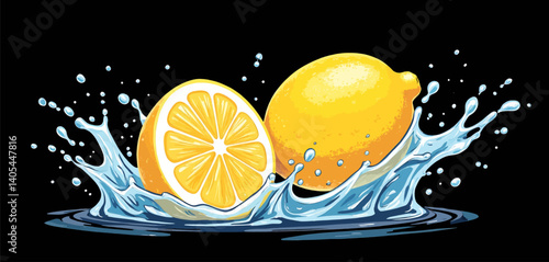 Lemons Splashing in Water, Black Background