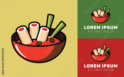 Spicy Tteokbokki Rice Cake Icon Logo with Red Sauce