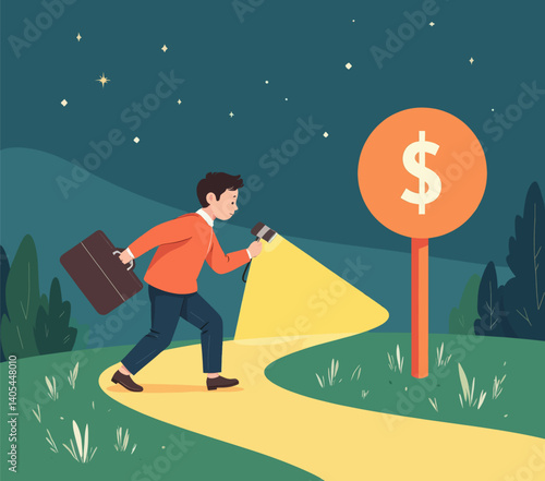 Man with briefcase finds dollar sign with flashlight at night