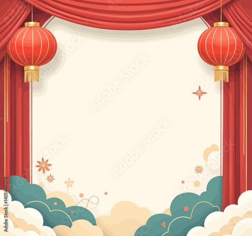 Lunar New Year stage with red lanterns and clouds