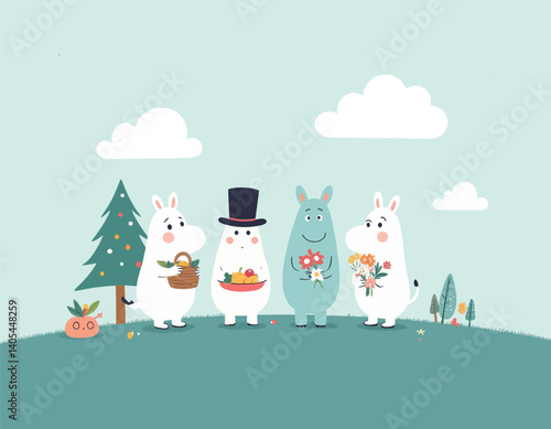 Moomin-like Characters with Gifts on Green Hill