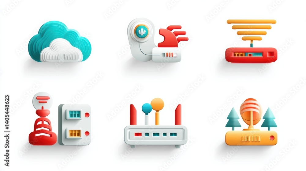 Network icon set concept. Set of six network tools and cloud computing icons