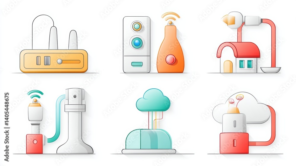 Network icon set concept. Six essential network icons router firewall and server