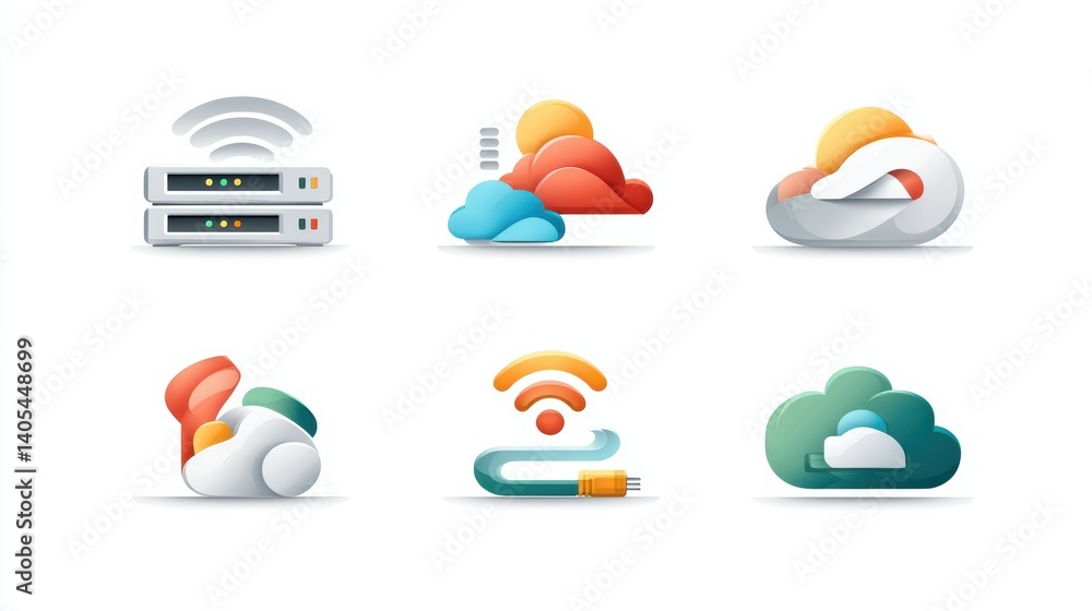 Network icon set concept. Six icons representing network systems and technology