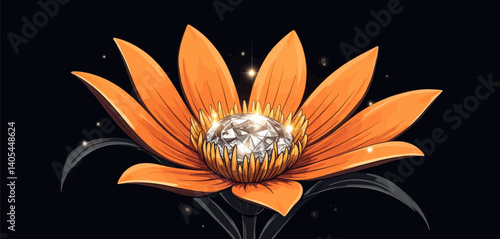 Orange Flower with Diamond Center on Black