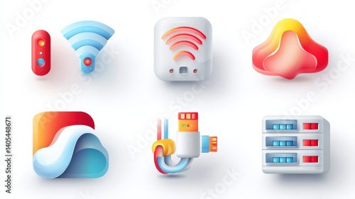 Obraz na płótnie Network icon set concept. Set of six stylized network icons including Wi Fi router firewall and cloud storage w salonie