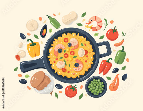 Paella in Pan with Seafood and Vegetables Illustration