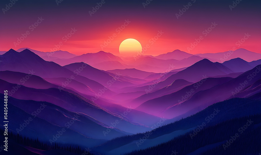 Serene sunset over layered mountains with vibrant colors and silhouettes of trees in the foreground Serene sunset over layered mountains with vibrant colors and silhouettes of trees in the foreground