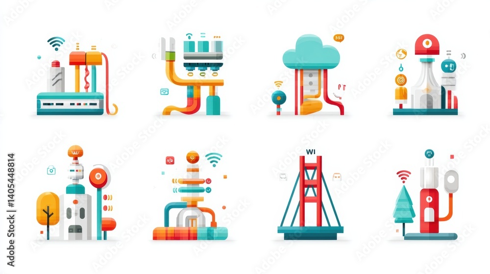 Network icon set concept. Visualizing the elements of a network infrastructure