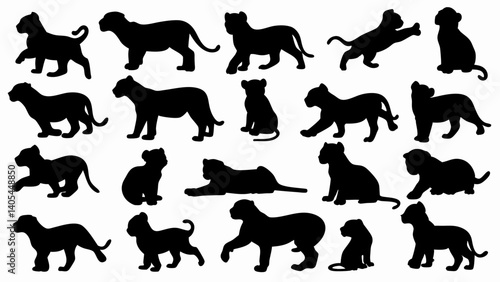 set of lion cub  silhouette vector on white background