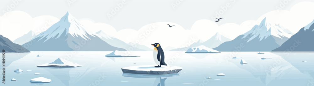 Fototapeta premium Penguin on Iceberg, Arctic Landscape with Birds