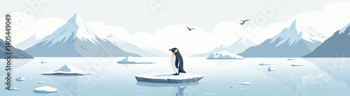 Penguin on Iceberg, Arctic Landscape with Birds