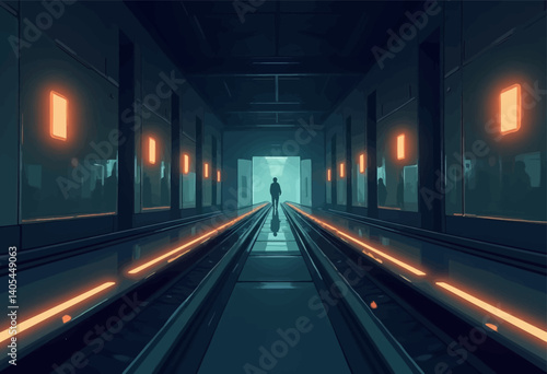 Person Walking Down Futuristic Hallway with Orange Lights