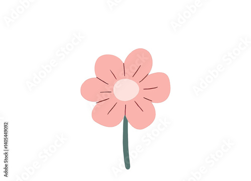 Pink flower with green stem on white background