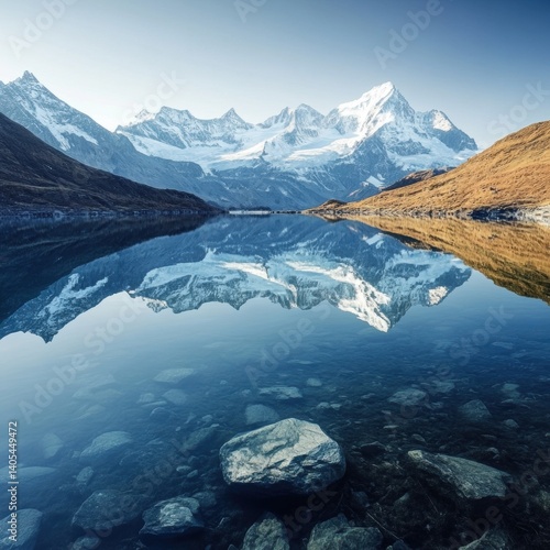 Bachalpsee reflecting the majestic eiger, mönch and jungfrau peaks in the swiss alps