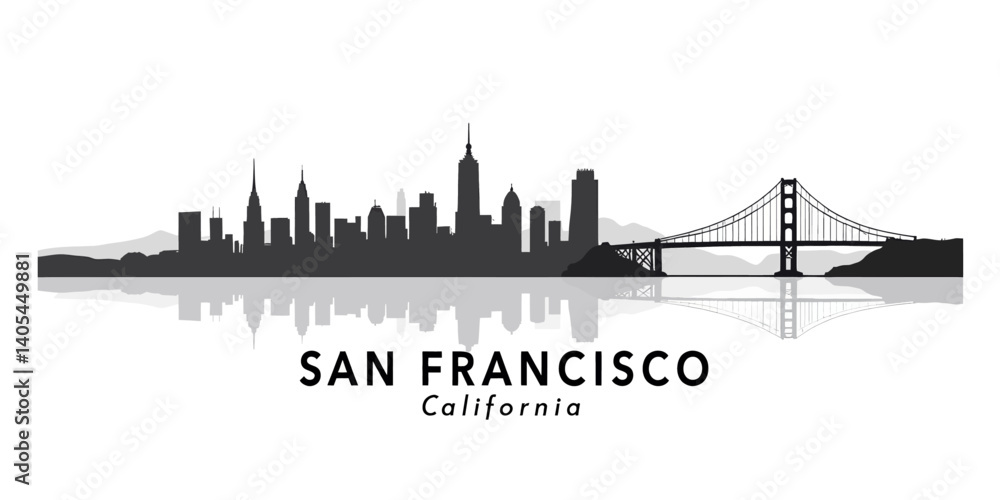 Fototapeta premium San Francisco Skyline Silhouette with Golden Gate Bridge Reflection