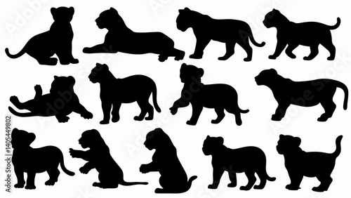 set of lion cub  silhouette vector on white background