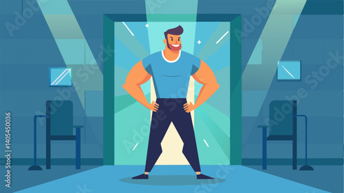 A man confidently striding out of the gym a sense of accomplishment and pride radiating from his confident gaze.. Vector illustration
