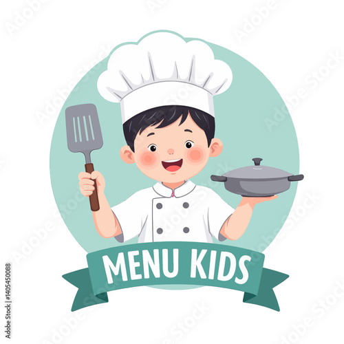 Smiling cartoon boy chef holding pot and spatula