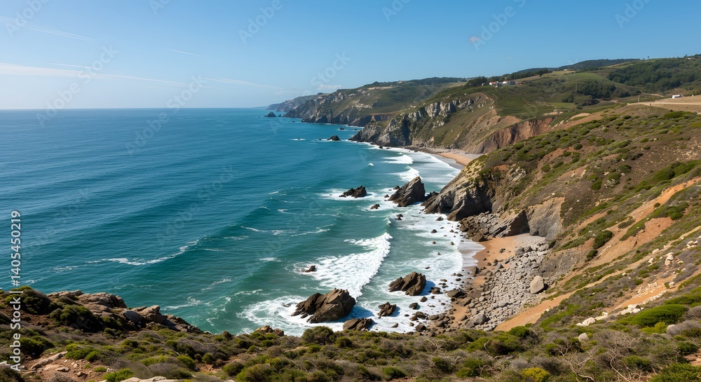 Fototapeta premium Scenic Ocean Coastline with Sandy Beach and Cliffs