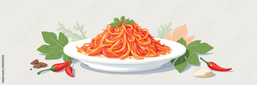 Spicy Noodles with Chili Peppers and Almonds on White Plate Spicy Noodles with Chili Peppers and Almonds on White Plate