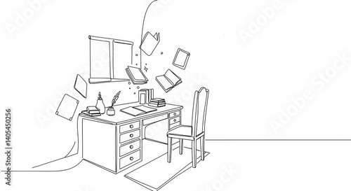 Elegant minimalist line art of a study with floating books and writing implements