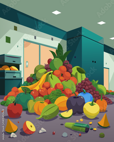 A pile of untouched rotting fruits and vegetables at the back of a grocery store forgotten in the rush for perfectly shaped produce.. Vector illustration