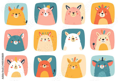Twelve Colorful Cartoon Llama Portraits on White