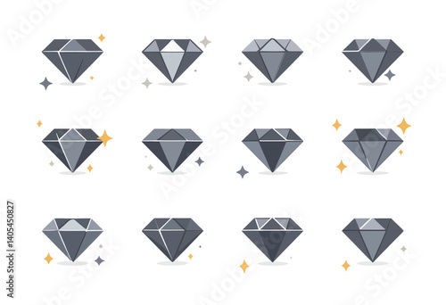 Twelve Gray Diamond Gemstone Icons with Sparkles