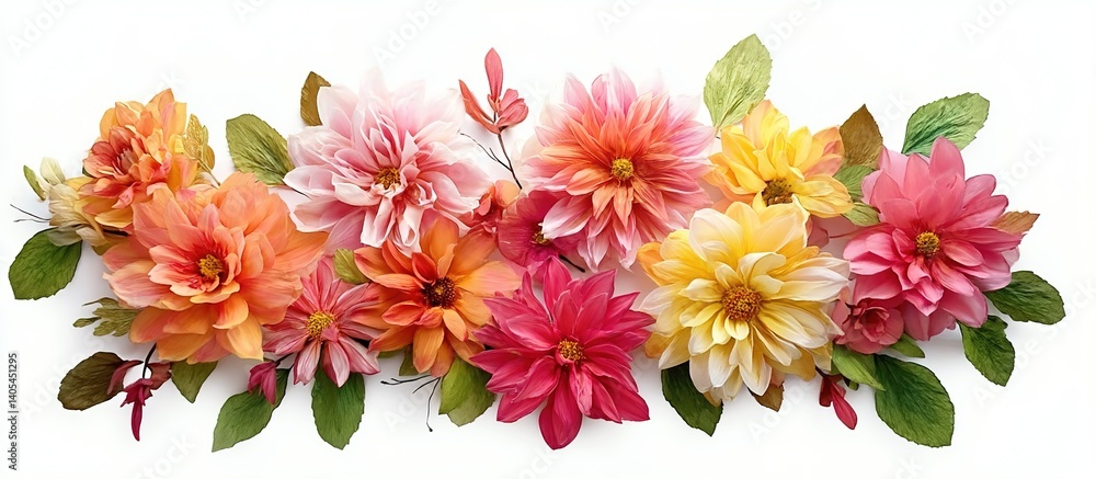 Dense arrangement of artificial dahlias in pink, orange, yellow, and white with green leaves on white background, even studio lighting highlighting petal layers and synthetic textures Dense arrangement of artificial dahlias in pink, orange, yellow, and white with green leaves on white background, even studio lighting highlighting petal layers and synthetic textures