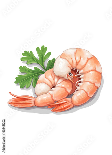 Watercolor Cooked Shrimp with Parsley Garnish