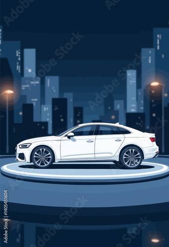 White Sedan on Display with Cityscape Backdrop