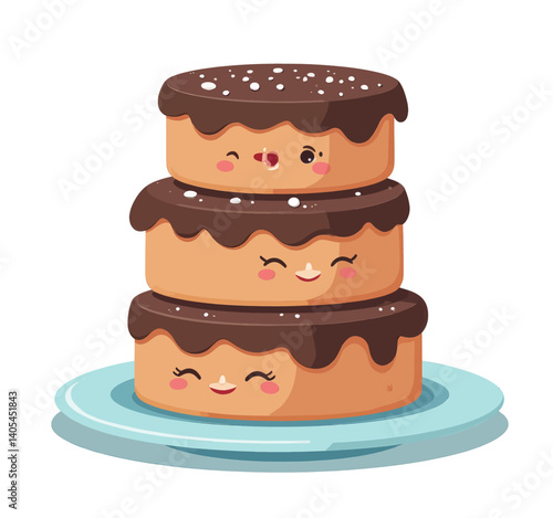 Whimsical Three-Tiered Cake with Cute Faces and Chocolate Drizzle