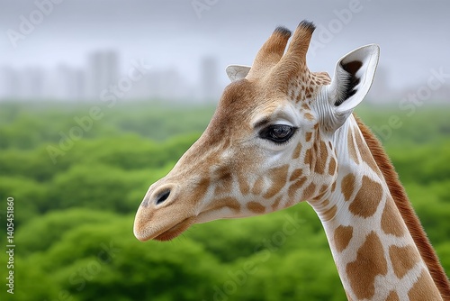 A beautiful giraffe portrait with lush Nairobi forest in the background