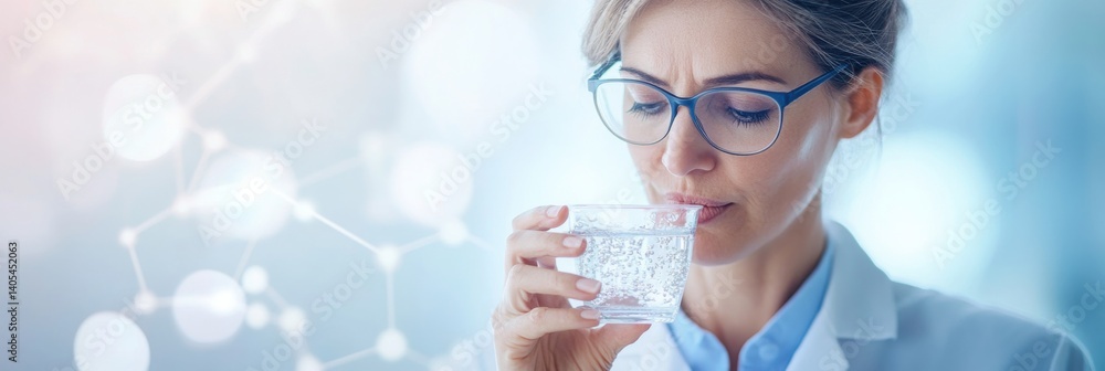 Woman takes iron supplement with water in professional setting emphasizing health and treatment options Woman takes iron supplement with water in professional setting emphasizing health and treatment options