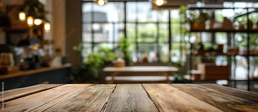 Wooden table in foreground with shallow-depth-of-field background showing blurred interior: large window, hanging lamps, shelves, and plants under natural lighting. Wooden table in foreground with shallow-depth-of-field background showing blurred interior: large window, hanging lamps, shelves, and plants under natural lighting.