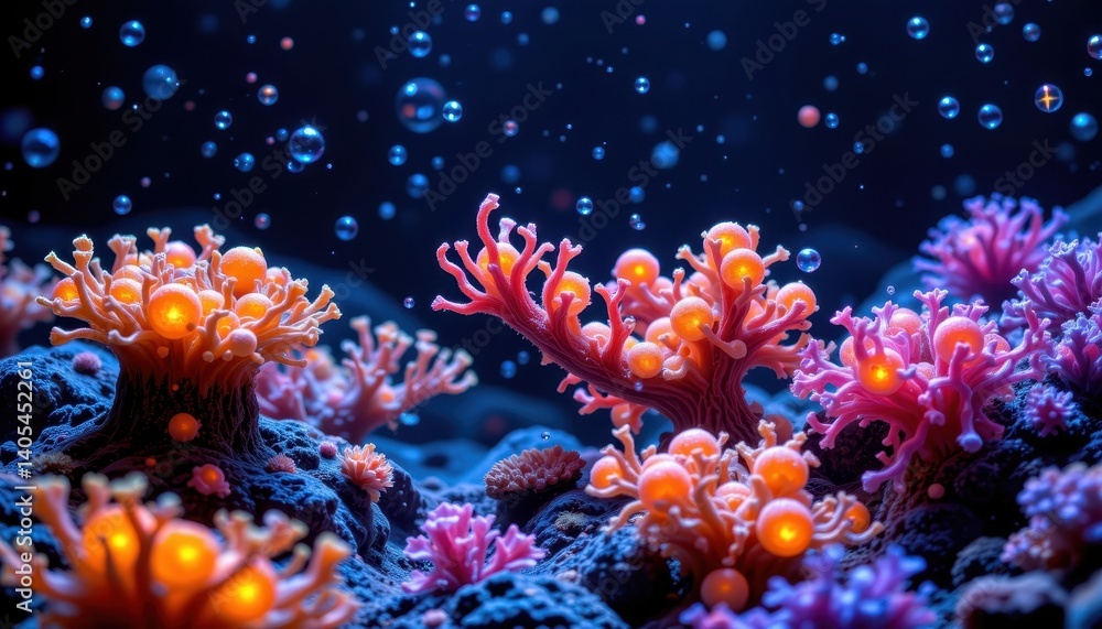 Fototapeta premium Celestial Coral Depict a cosmic underwater scene with coral like structures made of glowing spheres in galactic colors.