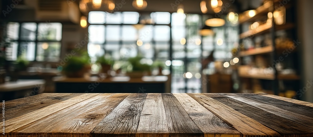 Wooden table in foreground with shallow-depth-of-field background showing blurred interior: large window, hanging lamps, shelves, and plants under natural lighting. Wooden table in foreground with shallow-depth-of-field background showing blurred interior: large window, hanging lamps, shelves, and plants under natural lighting.