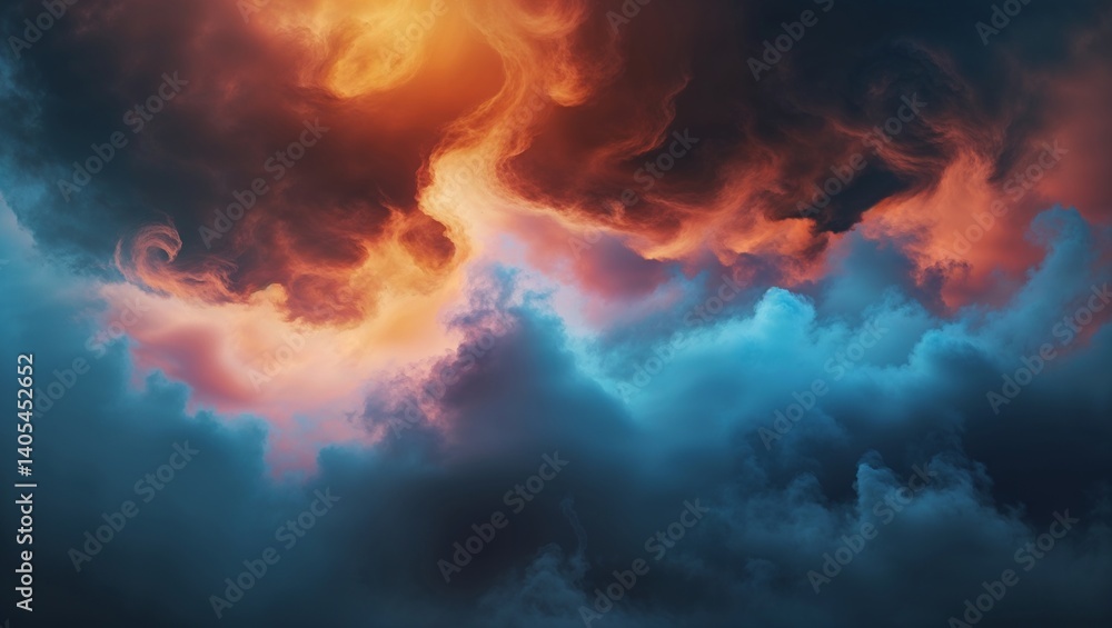 Fototapeta premium Fiery Sunset Cloudscape: A Symphony of Orange and Blue Hues