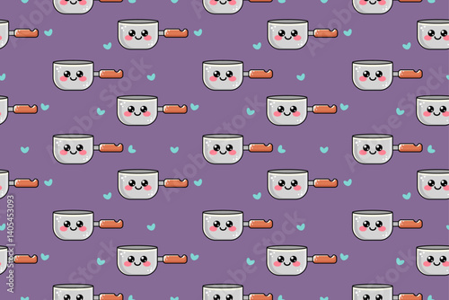 Seamless pattern with cute vector illustration of grey kawaii icon saucepan or stewpan, with wooden brown handle isolated on purple background