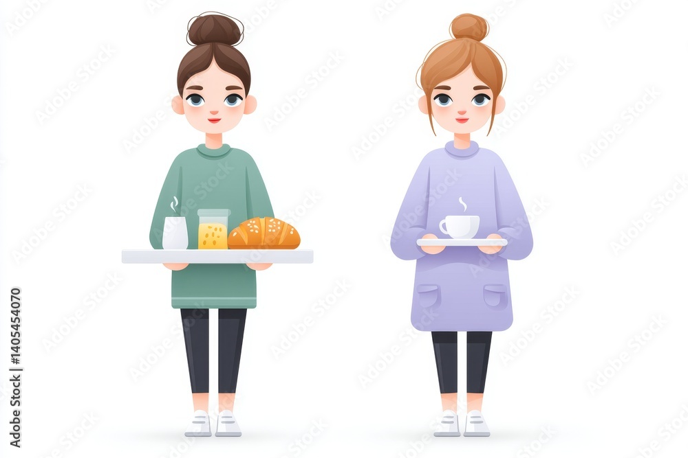 A flat vector of two characters: one hoarding food, the other empty-handed, white background A flat vector of two characters: one hoarding food, the other empty-handed, white background