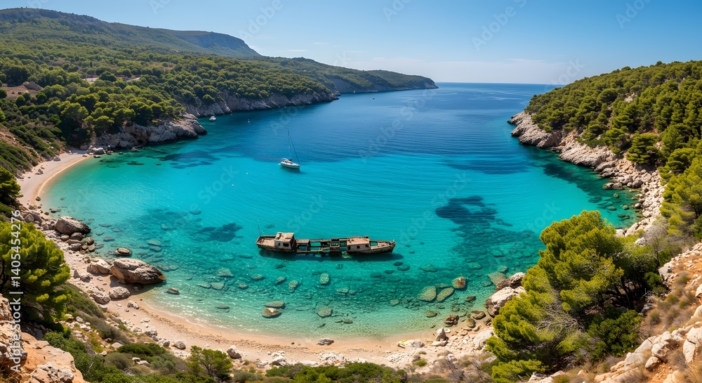 Fototapeta premium Secluded Cove with Shipwreck in Turquoise Water