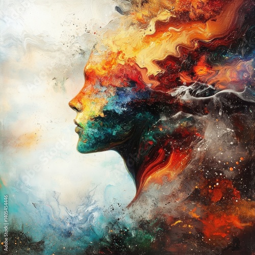 Woman emerging from colorful abstract painting representing universe and dreams