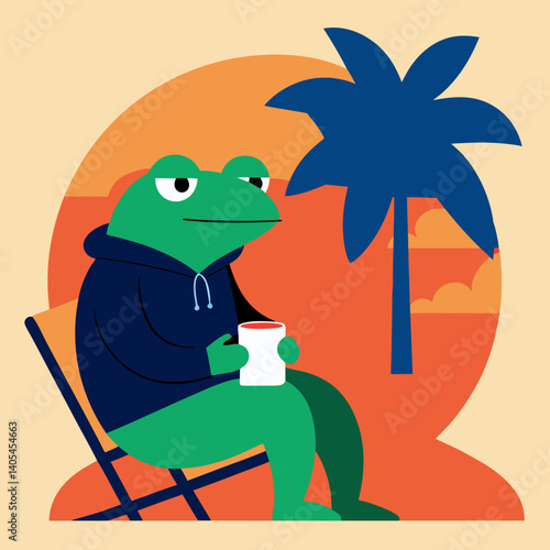 Vector illustration of a frog sitting on a chair and drinking coffee