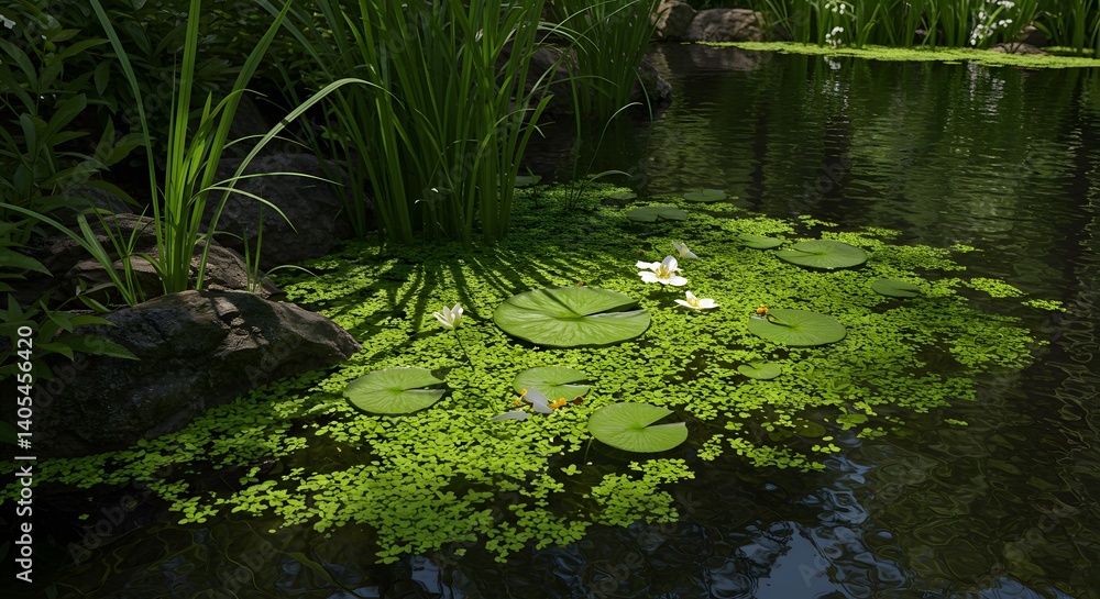 Serene Pond with Water Lilies and Lush Greenery Serene Pond with Water Lilies and Lush Greenery