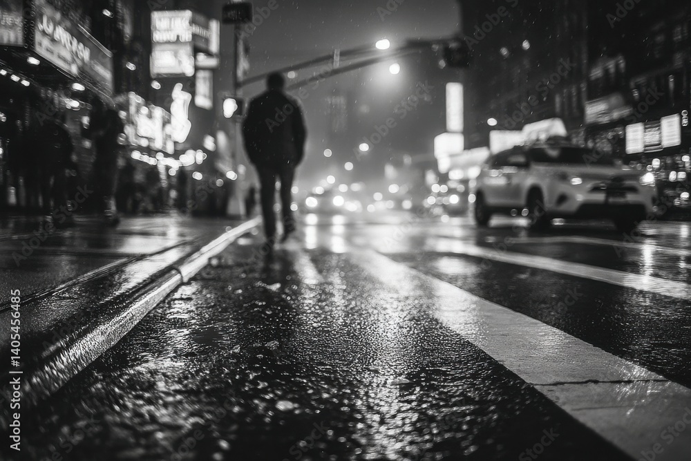 Obraz premium Monochrome cityscape on a rainy night, with blurry pedestrians, cars, and city lights reflecting on the wet asphalt of the street in an urban environment.