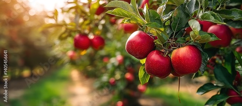Orchard close-up: cluster of ripe crimson apples with dewdrops hanging from gnarled branch, emerald leaves backlit by morning sun creating bokeh-filled background.